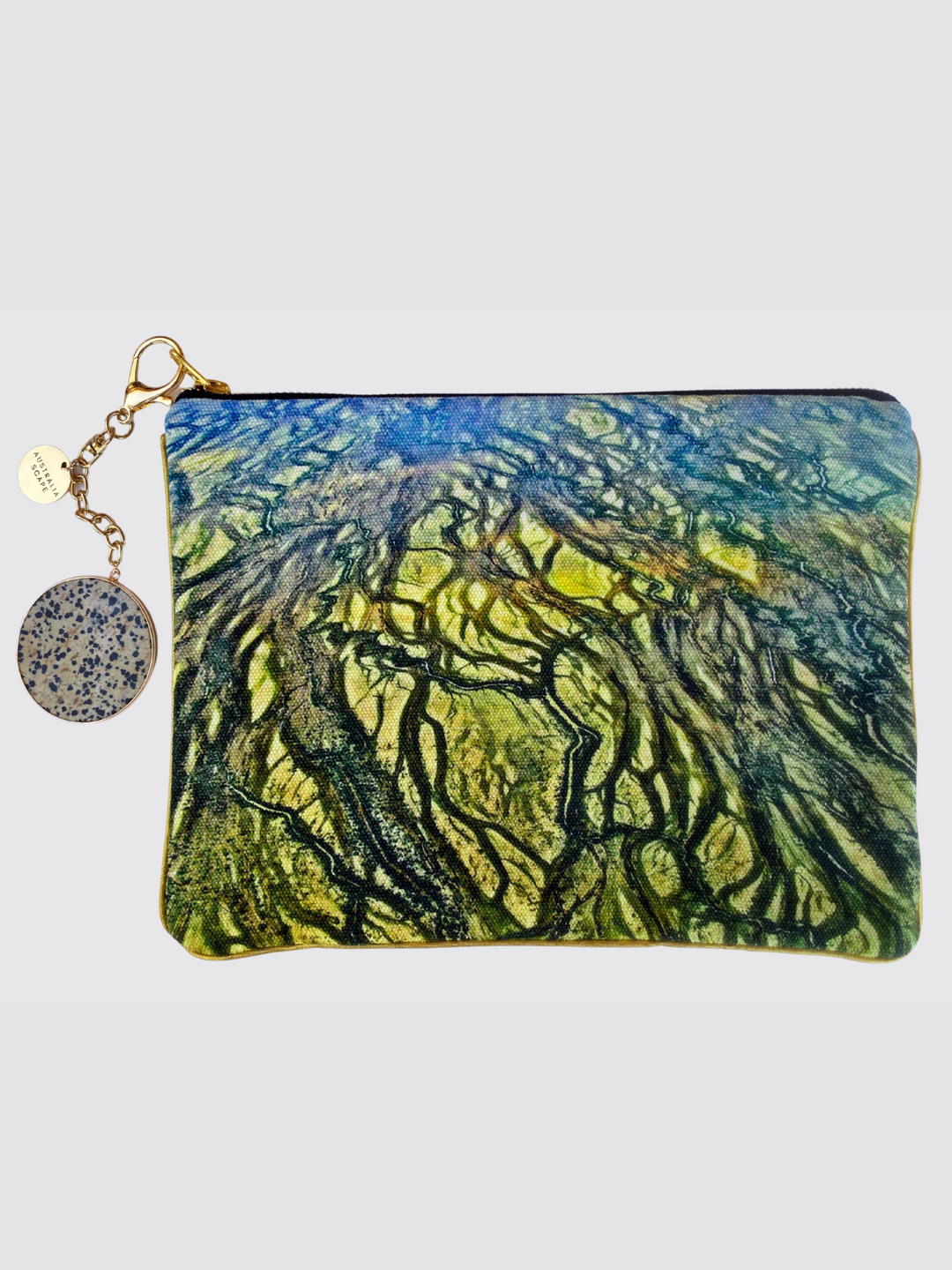 The Diamantina River clutch bag - showing a stunning pattern of endless waterways and billabongs and the lush green vegetation they generate.