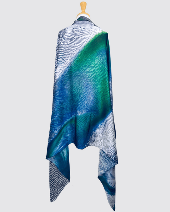 The Cape Leveque (sandbank) silk scarf - showing the rippled patterns across the shallows, formed by an aqua-blue ocean during incoming and outgoing tides.