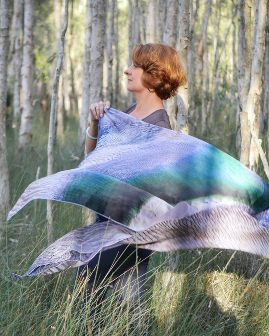 Our model accessorising an Australian landscape with the Cape Leveque silk scarf.