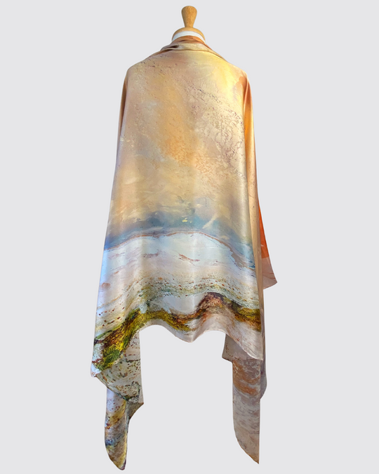 The Lake Eyre silk scarf – displaying incredible copper and pink hues, generated by salt and algae in drought.  