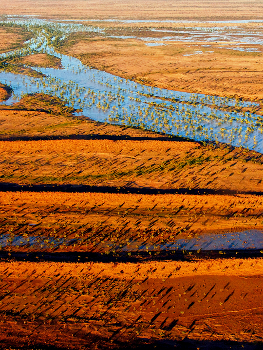 A striking aerial image of a Simpson Desert landscape in South Australia – showing water rising to the surface from the Great Artesian Basin below and bringing the land to life. 