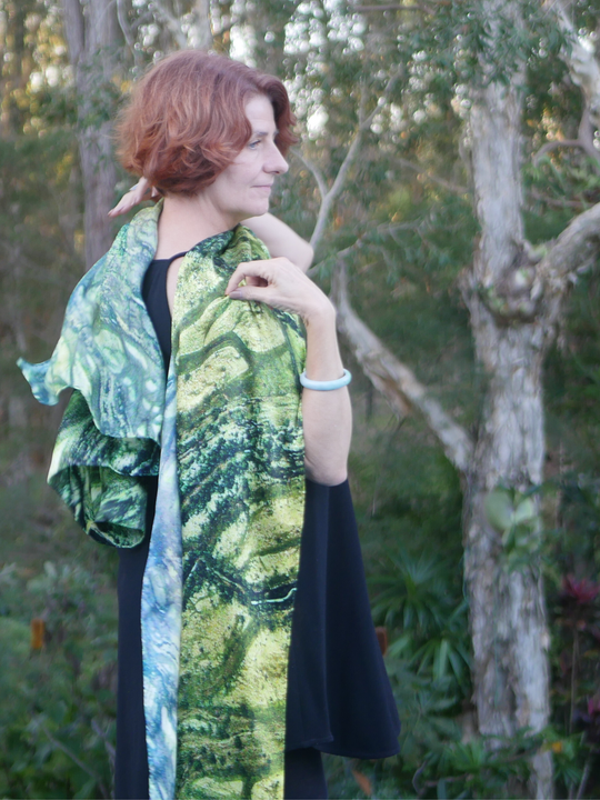 Australia Scape 100% silk scarf featuring the Diamantina River landscape in green tones.