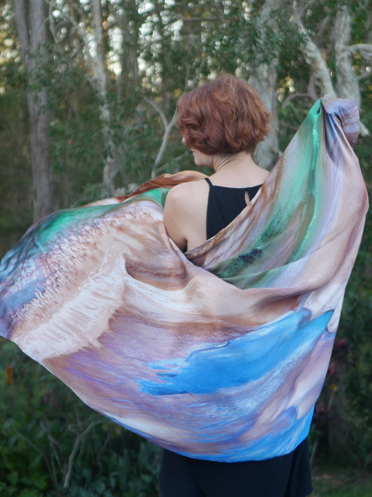 Australia Scape 100% silk scarf featuring the Eighty Mile Beach landscape in brown, blue tones