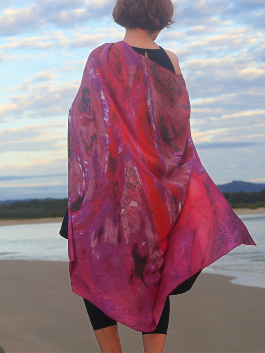Australia Scape 100% silk scarf featuring the Karratha landscape in striking red tones.