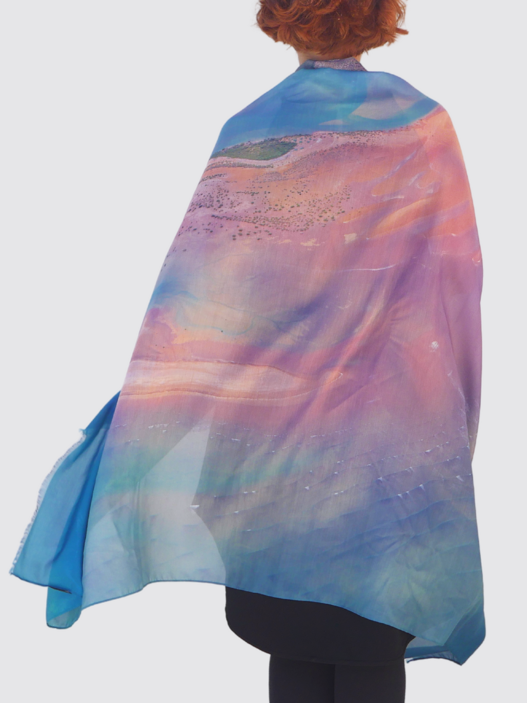 Australia Scape cotton silk scarf capturing Port Hedland with soft pink sands and blue waters.
