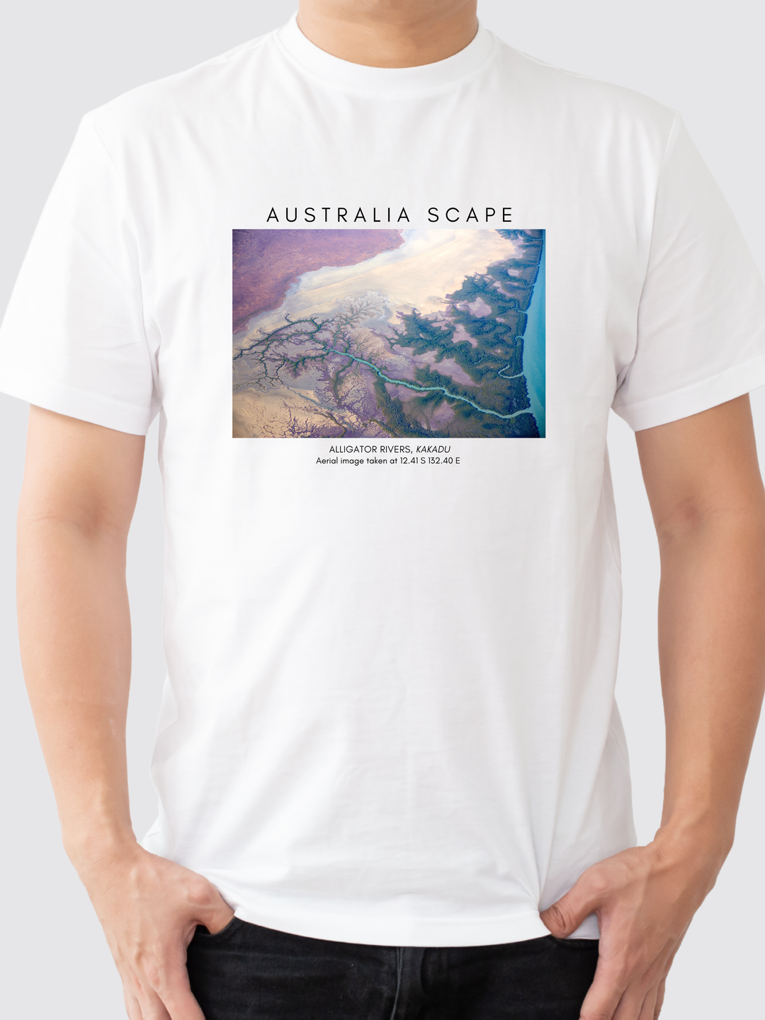 Australia Scape designer 100% cotton T-shirt depicting Alligator Rivers wetlands emerald and blue tones.