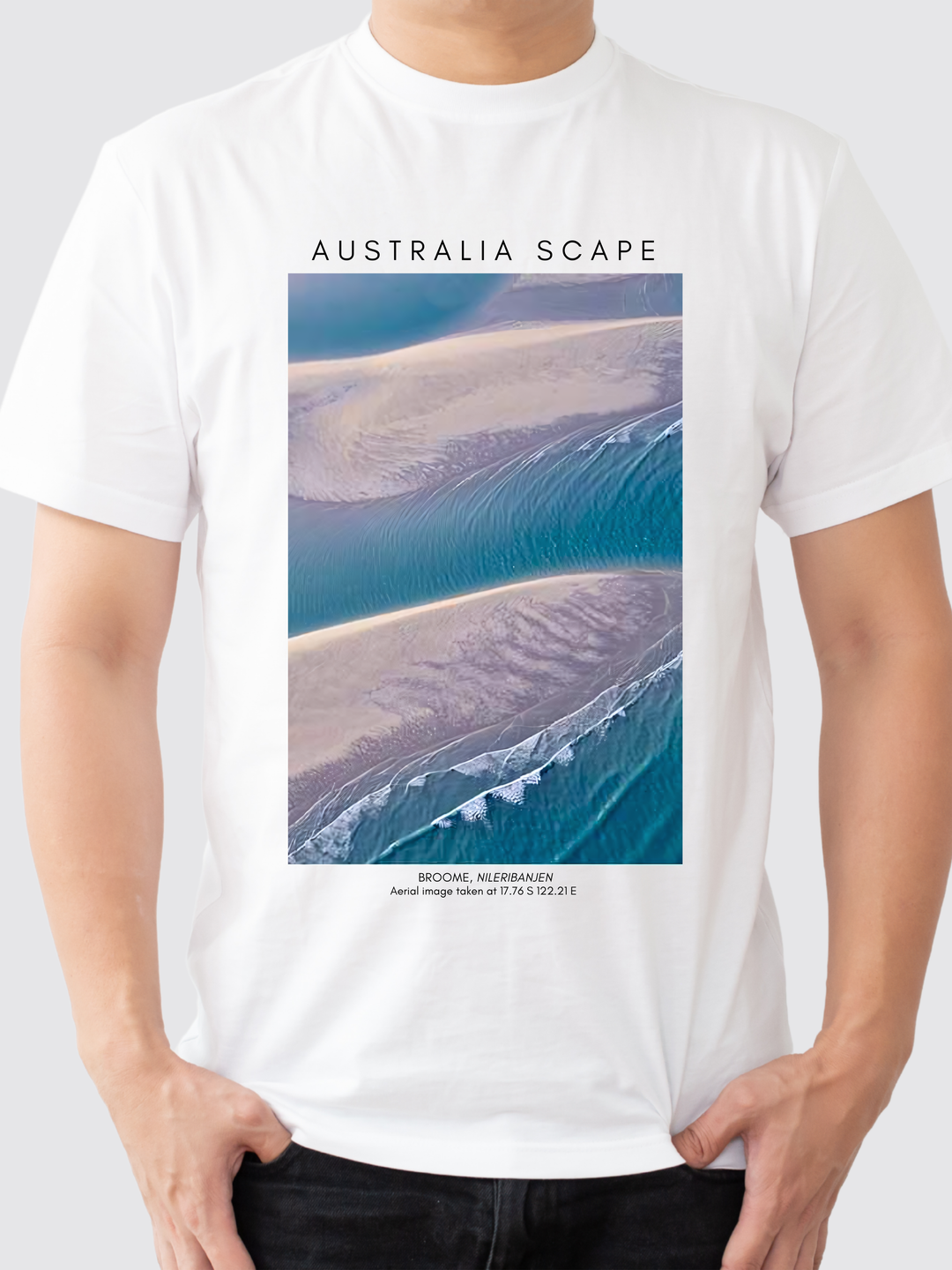 Australia Scape designer 100% cotton T-shirt depicting Broome shoal turquoise and pink tones.