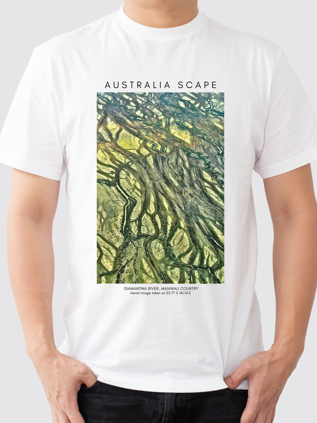 Australia Scape designer 100% cotton T-shirt depicting Diamantina River green and gold tones.