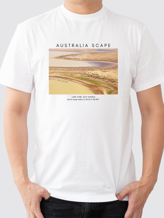 Australia Scape designer 100% cotton T-shirt depicting Lake Eyre salt pans gold and pink tones.