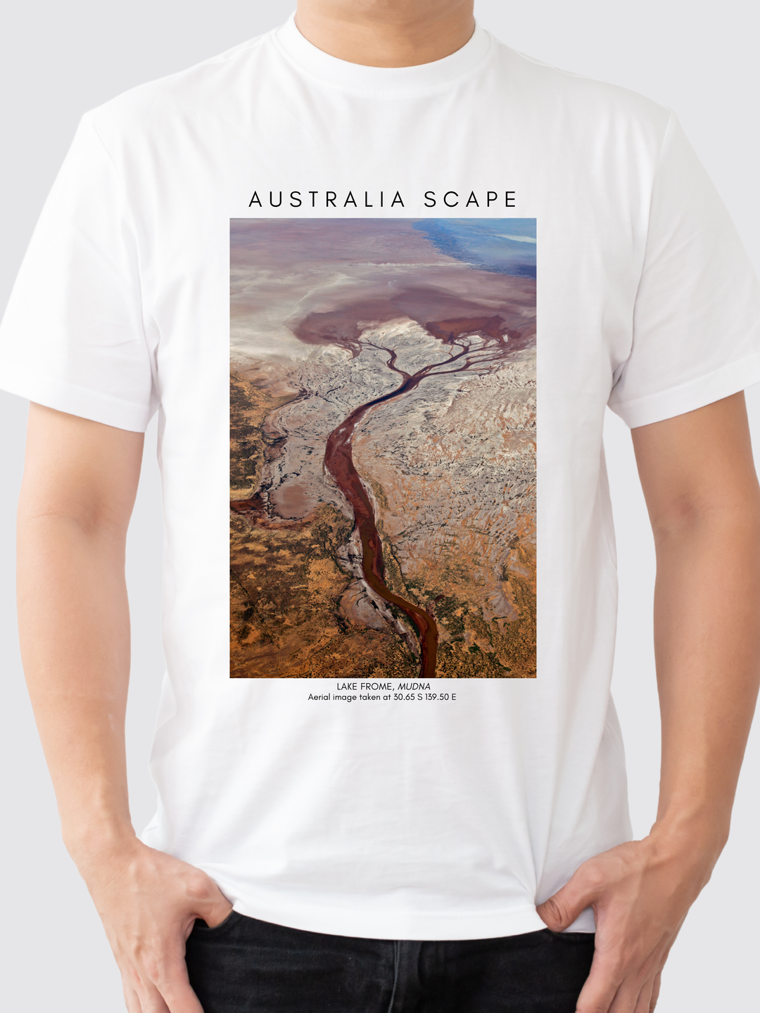 Australia Scape designer 100% cotton T-shirt depicting Lake Frome tributaries ivory and ochre tones.