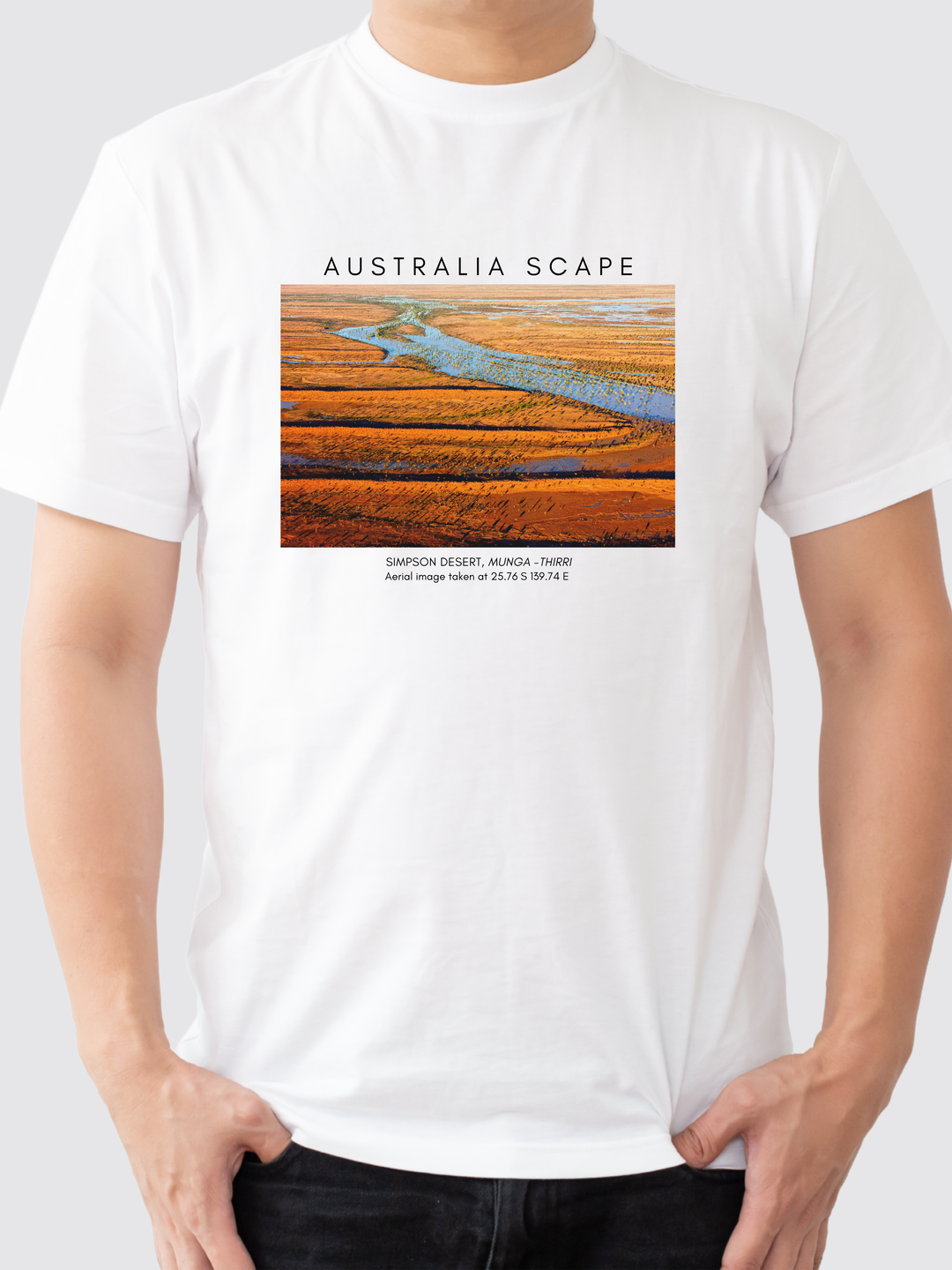 Australia Scape designer 100% cotton T-shirt depicting Simpson Desert dunes red ochre tones.