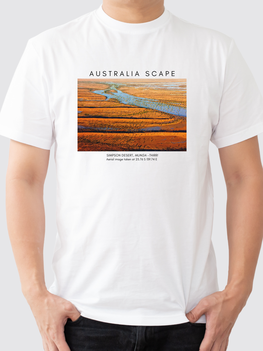 Australia Scape designer 100% cotton T-shirt depicting Simpson Desert dunes red ochre tones.