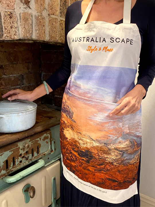 Australia Scape designer cotton canvas apron depicting Lake Frome in terracotta, tan and blue tones.