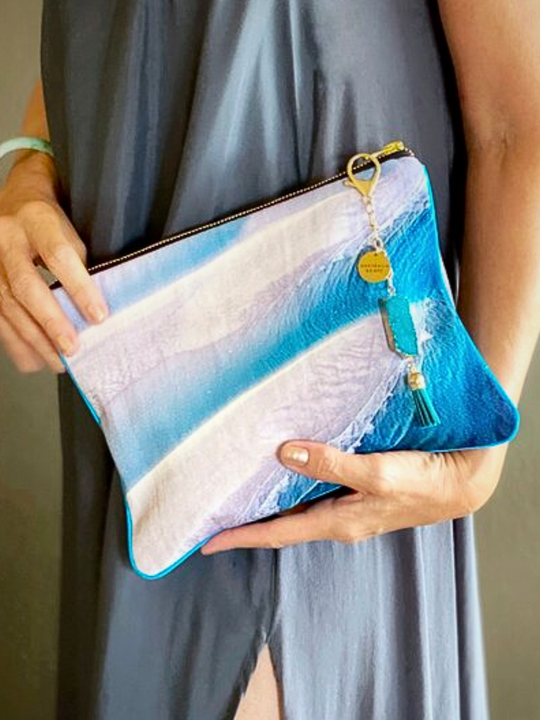 Australia Scape designer cotton canvas clutch bag depicting Broome sandbanks turquoise and pink tones.
