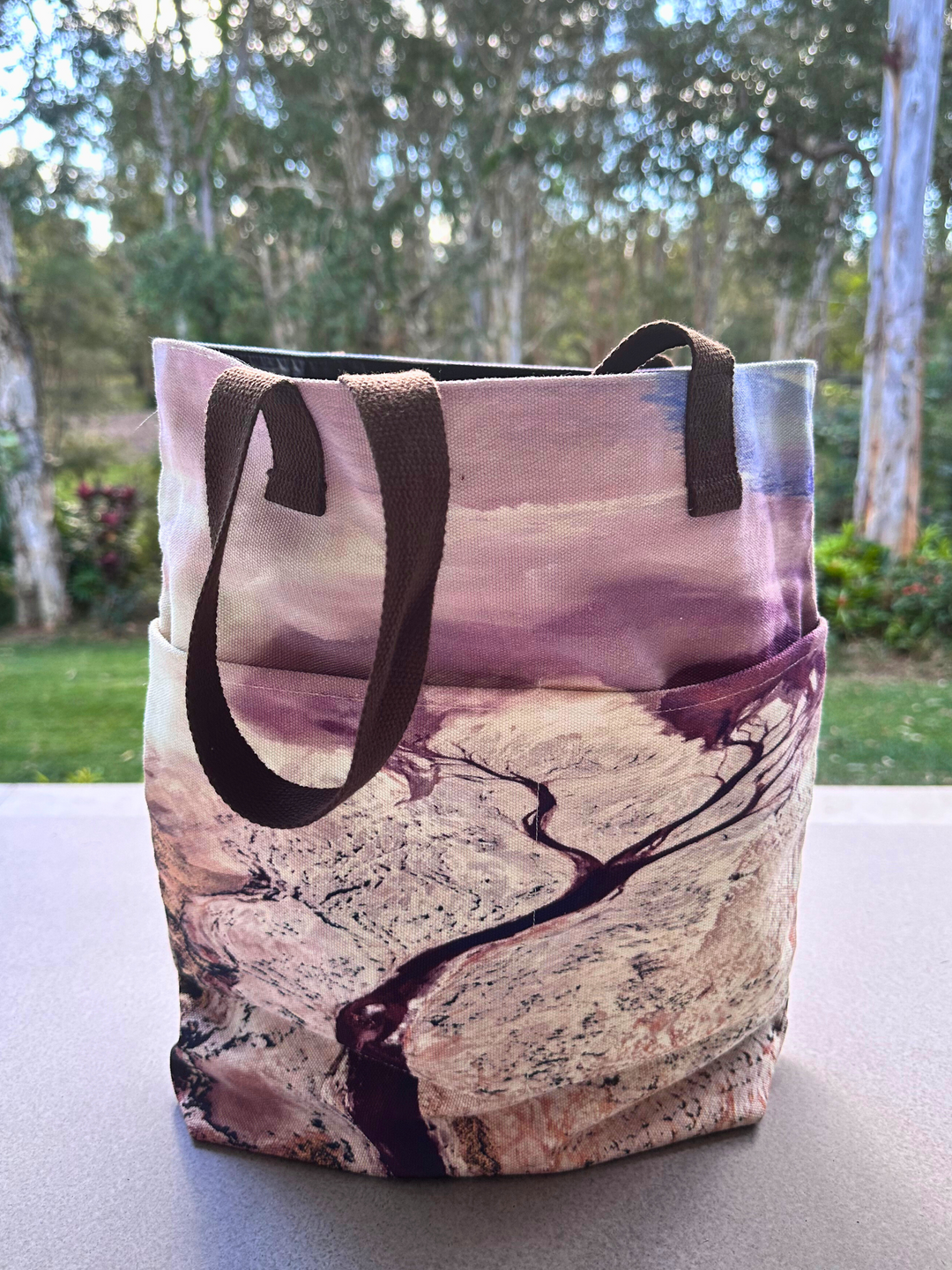 Australia Scape designer cotton canvas travel tote depicting the Lake Frome tributary in ivory and ochre tones.