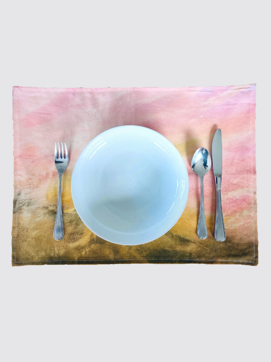 Australia Scape designer cotton-linen placemats depicting Lake Torrens in pink, gold and olive tones.
