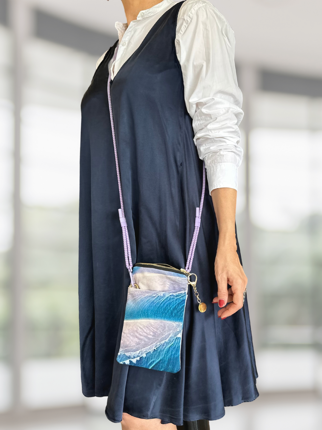 Australia Scape designer phone pouch in cotton canvas depicting the Broome sandbanks in turquoise and pink tones.