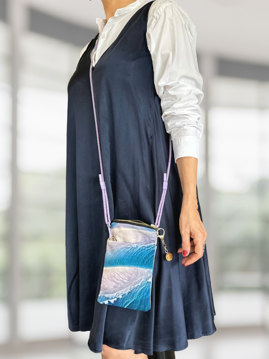 Australia Scape designer phone pouch in cotton canvas depicting the Broome sandbanks in turquoise and pink tones.