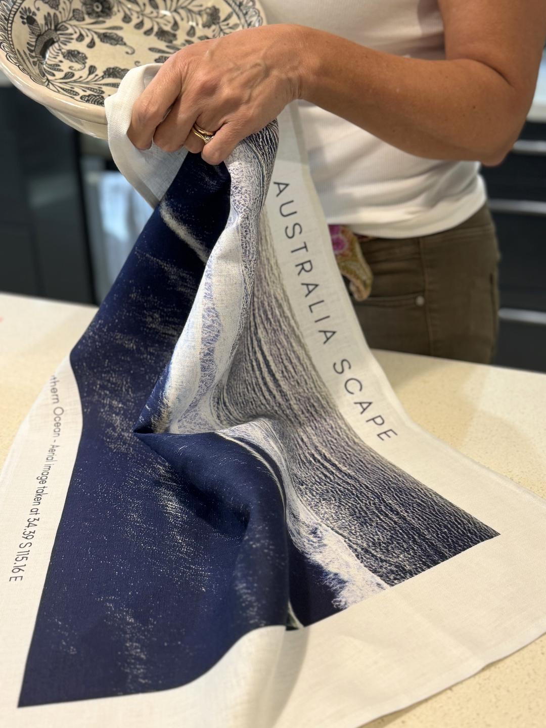 Australia Scape designer tea towel in 100% linen depicting the Great Southern Ocean in indigo and white tones.