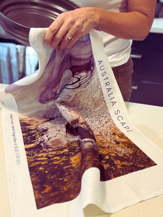 Australia Scape designer tea towel in 100% linen depicting the Lake Frome tributary in ivory and ochre tones.