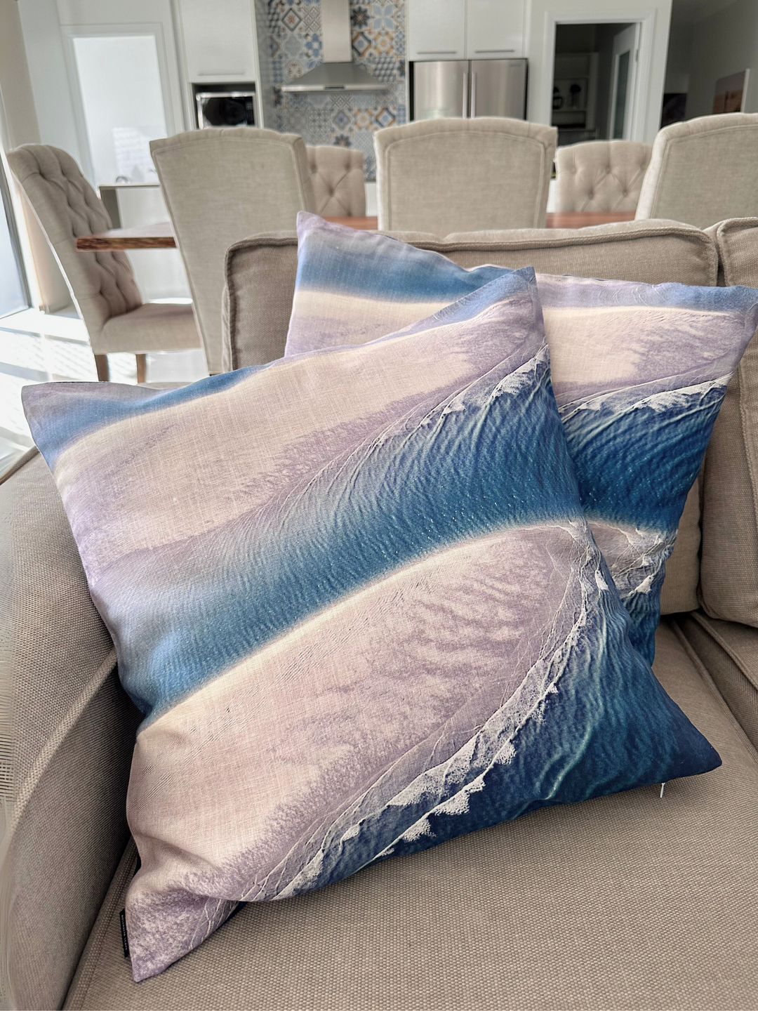 Australia Scape designer cushion cover in linen-tencel depicting Broome in turquoise and pink tones.