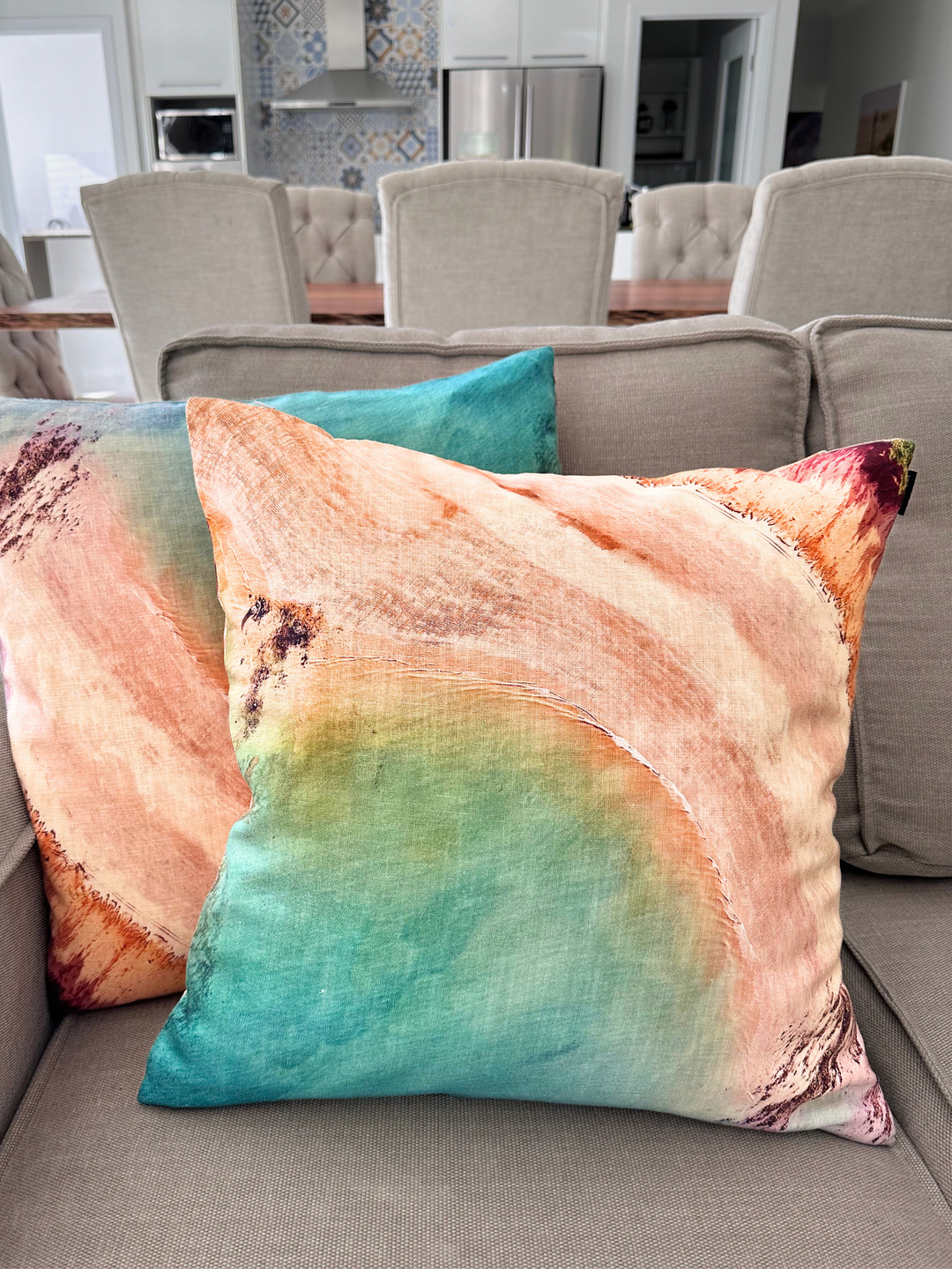 Australia Scape designer cushion cover in tencel-linen depicting Cape Leveque in golden and aquamarine tones.