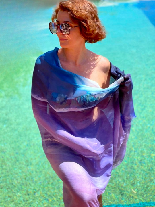 Australia Scape designer silk-bamboo cover up depicting Coral Bay at twilight in violet and indigo tones.