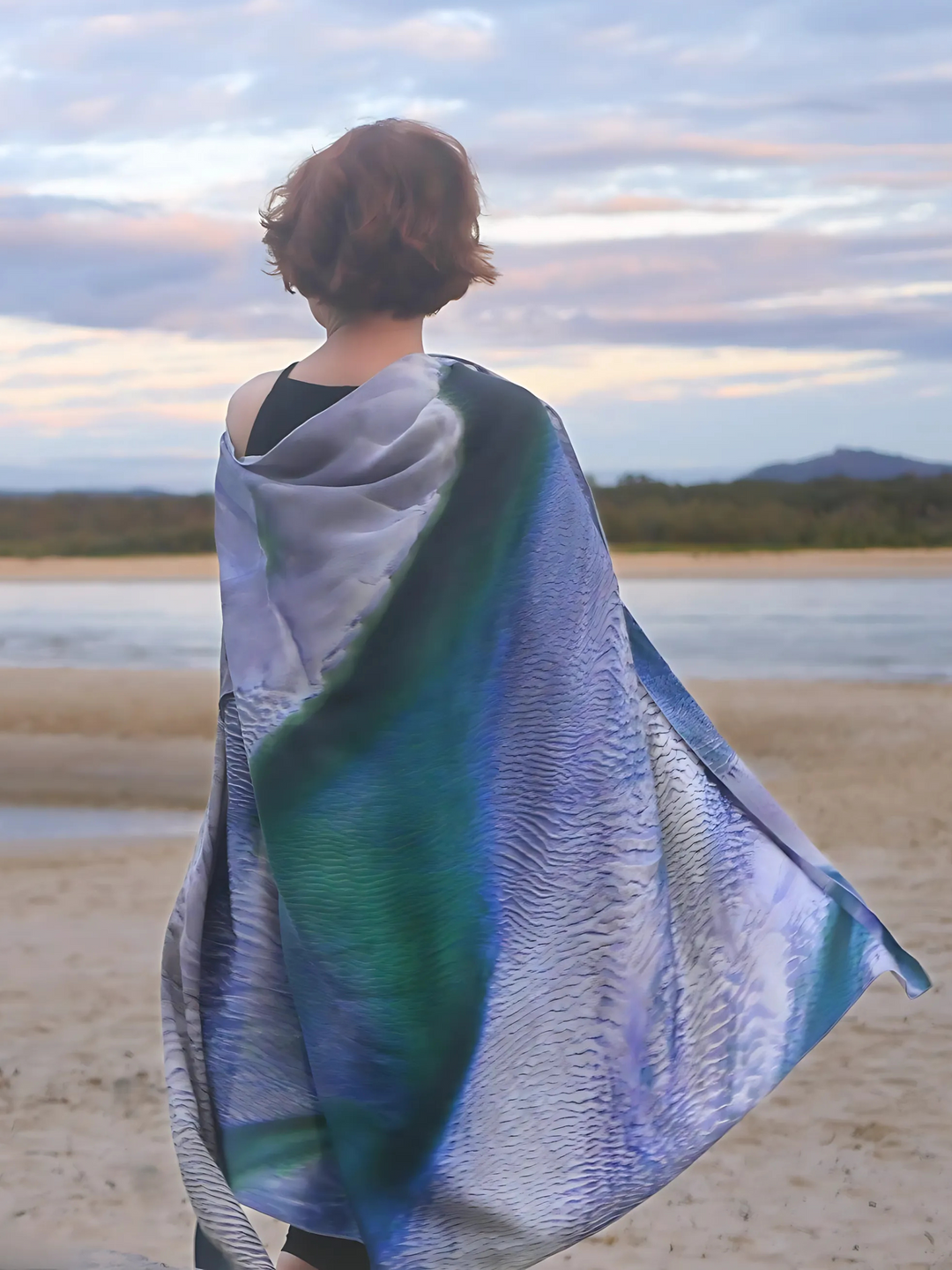 Australia Scape designer scarf in 100% silk depicting the Cape Leveque landscape in green and grey tones.