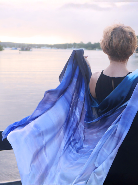Australia Scape designer scarf in 100% silk depicting the Coral Bay landscape in cobalt and blue tones.