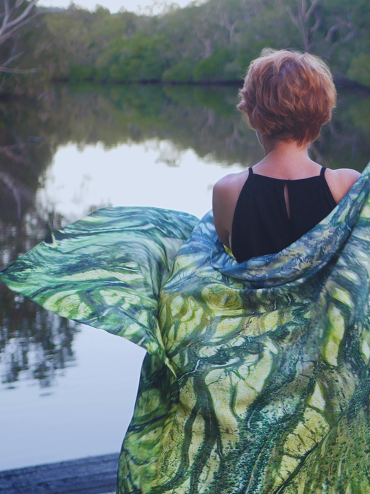 Australia Scape designer scarf in 100% silk depicting the Diamantina River landscape in green tones.