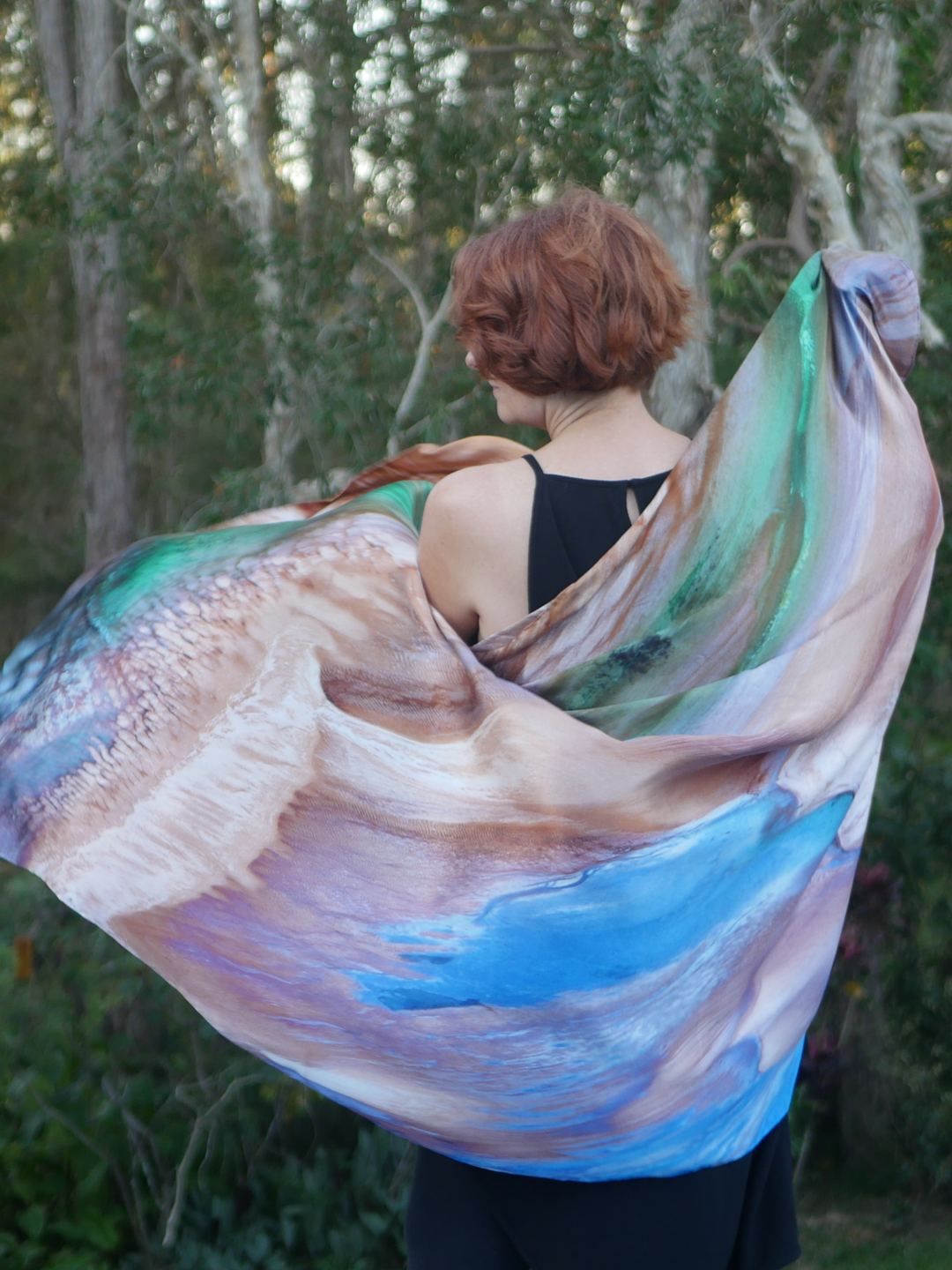 Australia Scape designer scarf in 100% silk depicting the Eighty Mile Beach landscape in brown and blue tones.