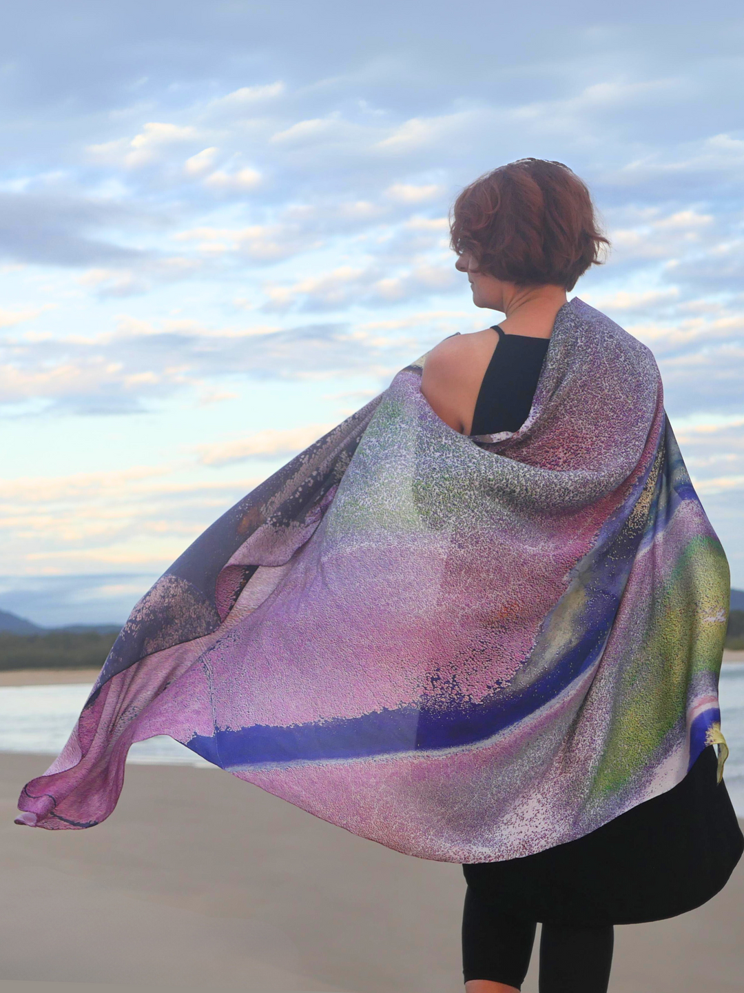 Australia Scape designer scarf in 100% silk depicting the Roebuck Bay landscape in pink and blue tones.