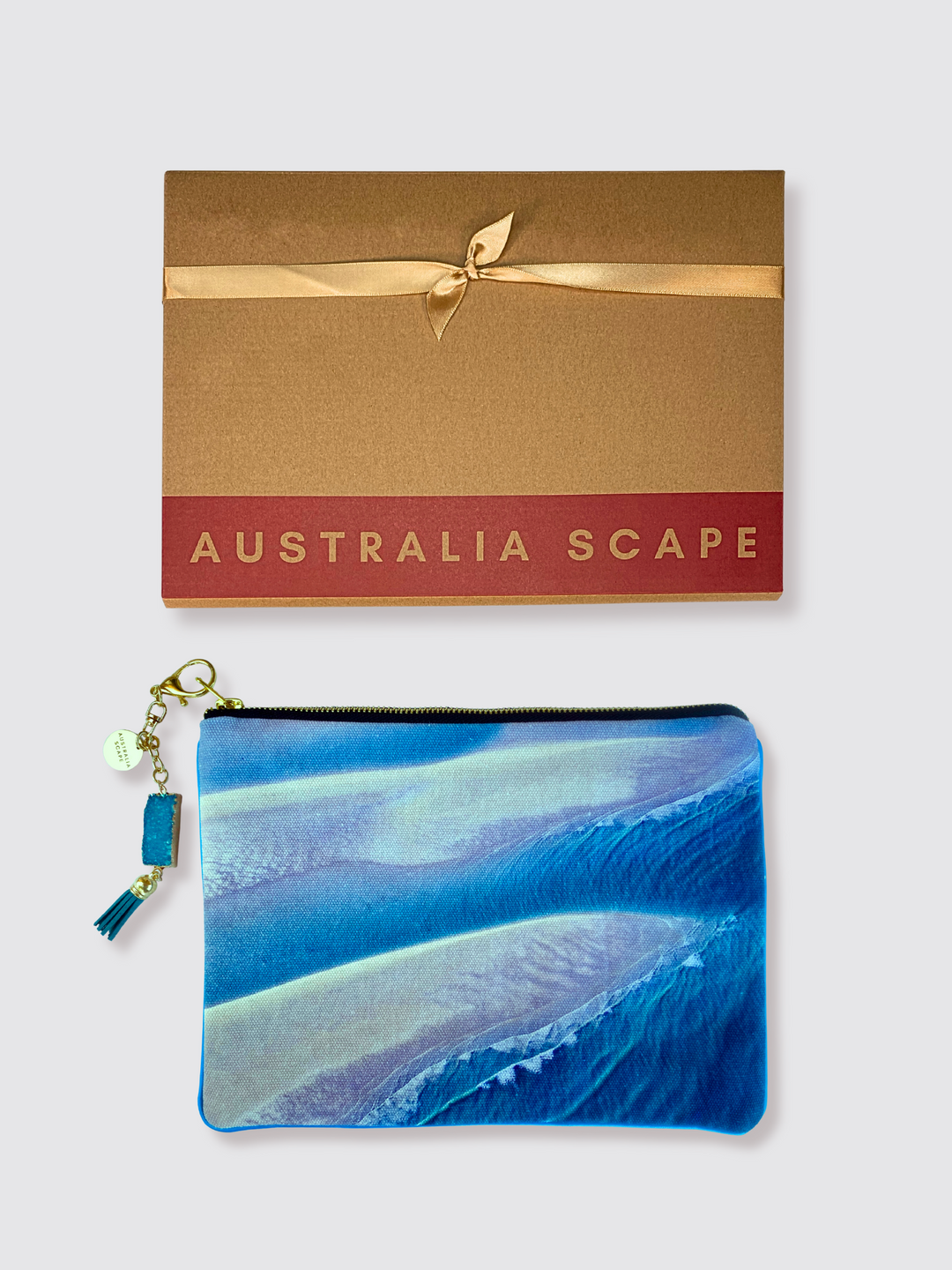 Broome clutch in Australia Scape gift box, ready for gifting.