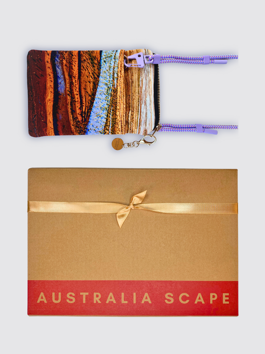 Simpson Desert phone pouch in Australia Scape gift box, ready for gifting.