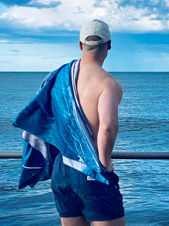Australia Scape recycled microfibre suede beach towel depicting the Broome sandbanks in turquoise and pink tones.