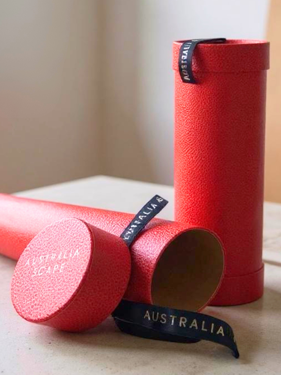 Australia Scape silk scarf in luxury travel tube gift packaging for elegant gifting and storage.