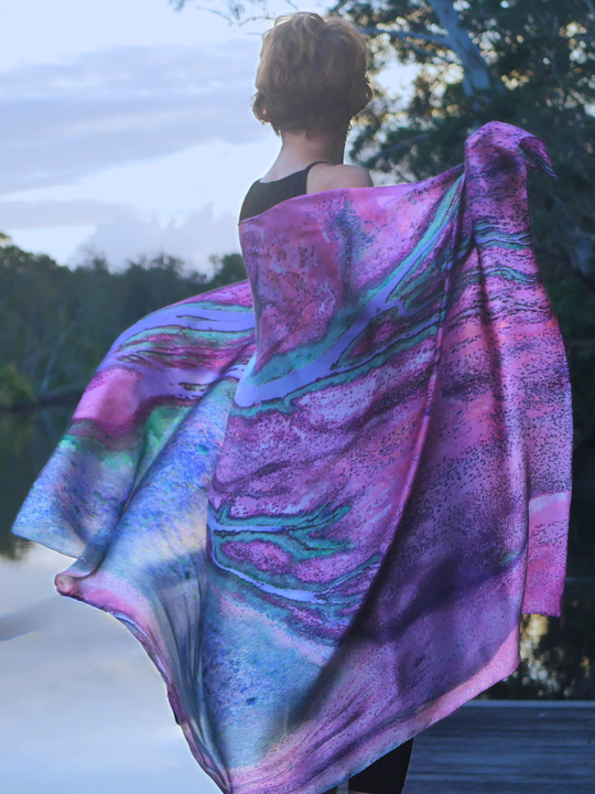 Australia Scape designer scarf in 100% silk depicting the Port Hedland landscape in pink and green tones.