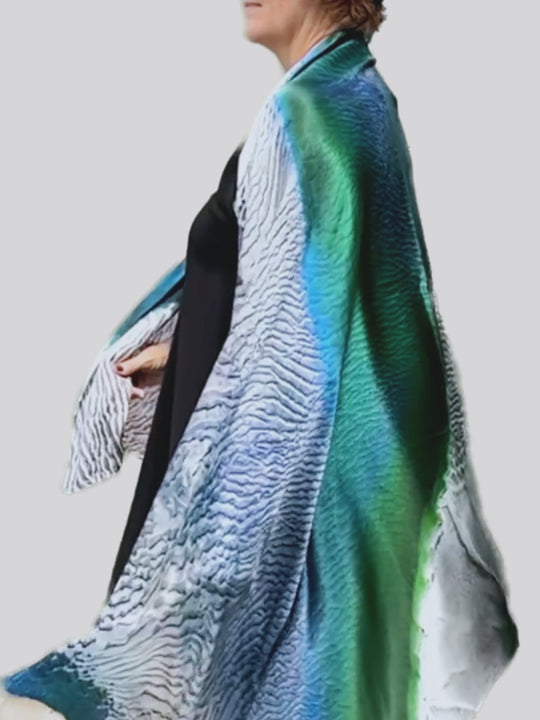 Australia Scape designer scarf in 100% silk featuring the Cape Leveque landscape — slow motion video showing the silk reflections and drape.