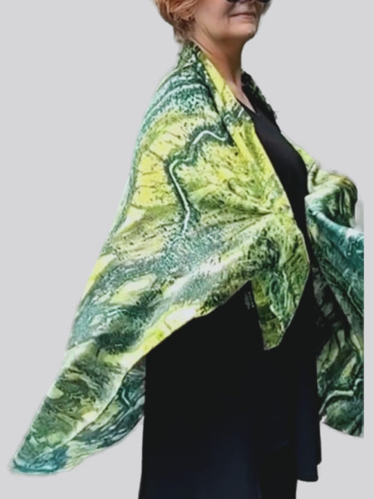 Australia Scape designer scarf in 100% silk featuring the Diamantina River landscape — slow motion video showing the silk reflections and drape.